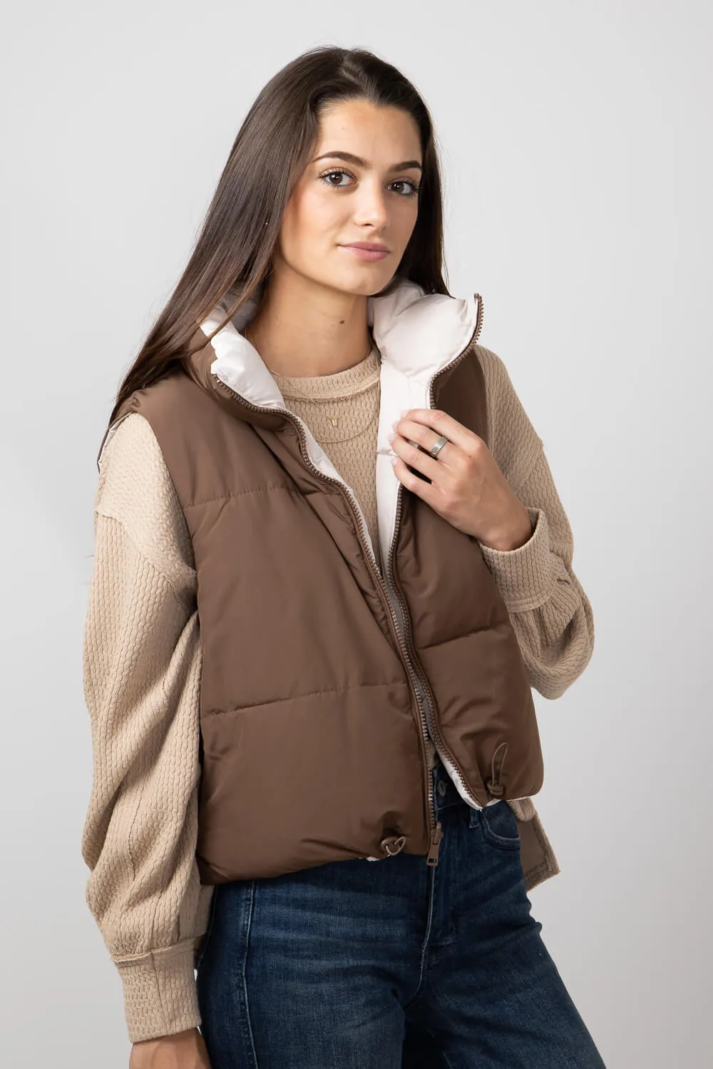 Love Tree Cropped Reversible Puffer Vest for Women in Cocoa/Brown | 5070VY-COCOA sold by Glik’s product image thumbnail 4