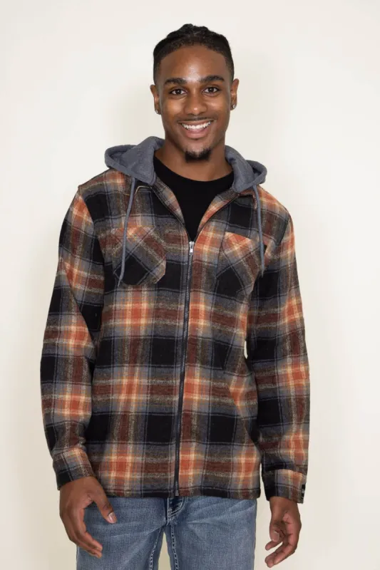 Brooklyn Cloth Zip Front Flannel Hooded Shirt Jacket for Men in Brown/Grey | BKMD726F-BRN sold by Glik’s