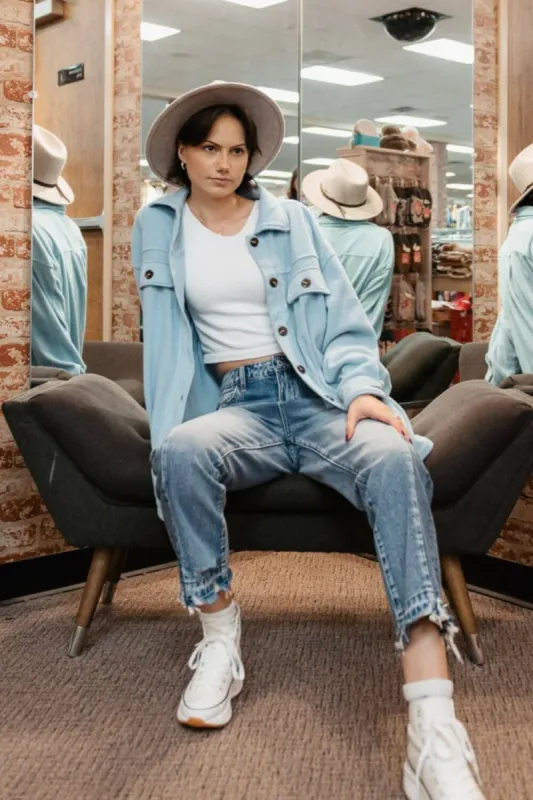 La Miel Sunset Fleece Shacket for Women in Baby Blue | JKT1712-BABY BLUE sold by Glik’s