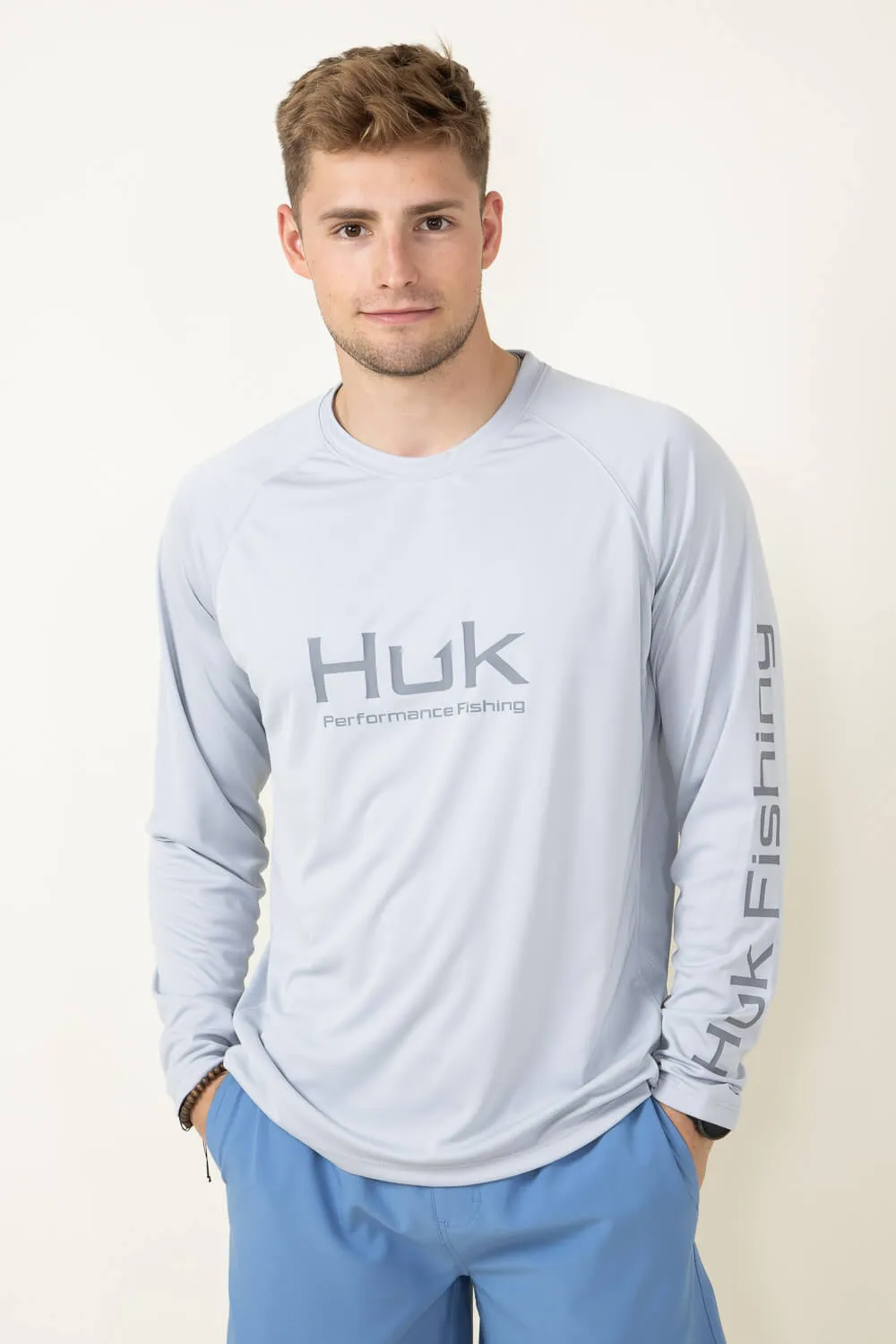 Huk Fishing Vented Pursuit Logo Graphic Long Sleeve Shirt for Men in Grey | H1200524-034-HARBORMIST sold by Glik’s