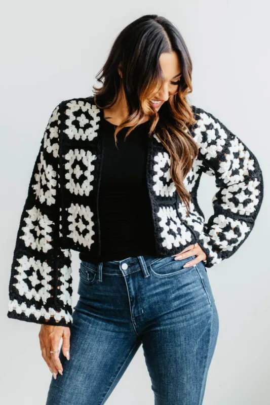 Granny Square Crochet Cropped Cardigan for Women in Black/White | SWC10981-BLKWHT sold by Glik’s
