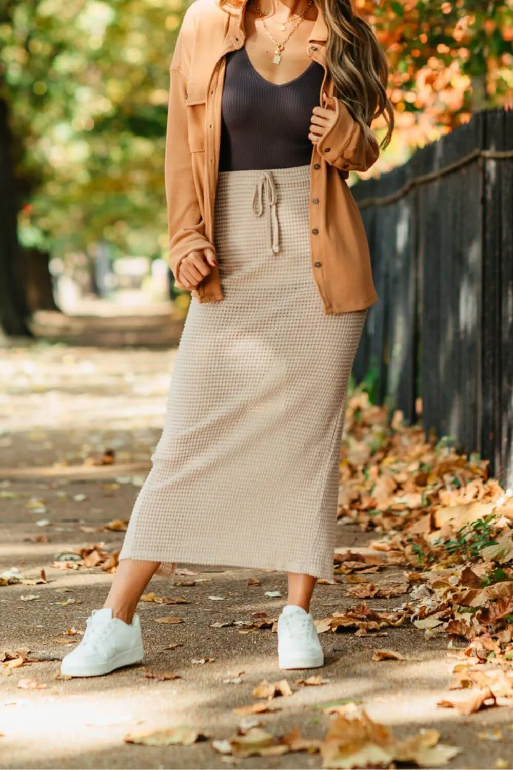 Knit Drawstring Maxi Skirt for Women in Taupe | BK225431-1-TAUPE sold by Glik’s product image thumbnail 2