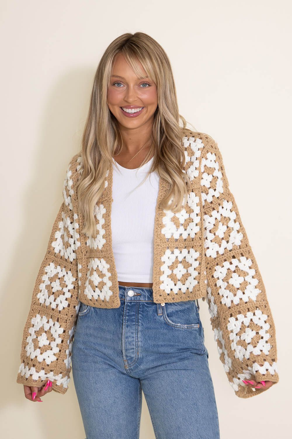 Granny Square Crochet Cropped Cardigan for Women in Beige/White | SWC10981-BEIWHT sold by Glik’s product image thumbnail 4