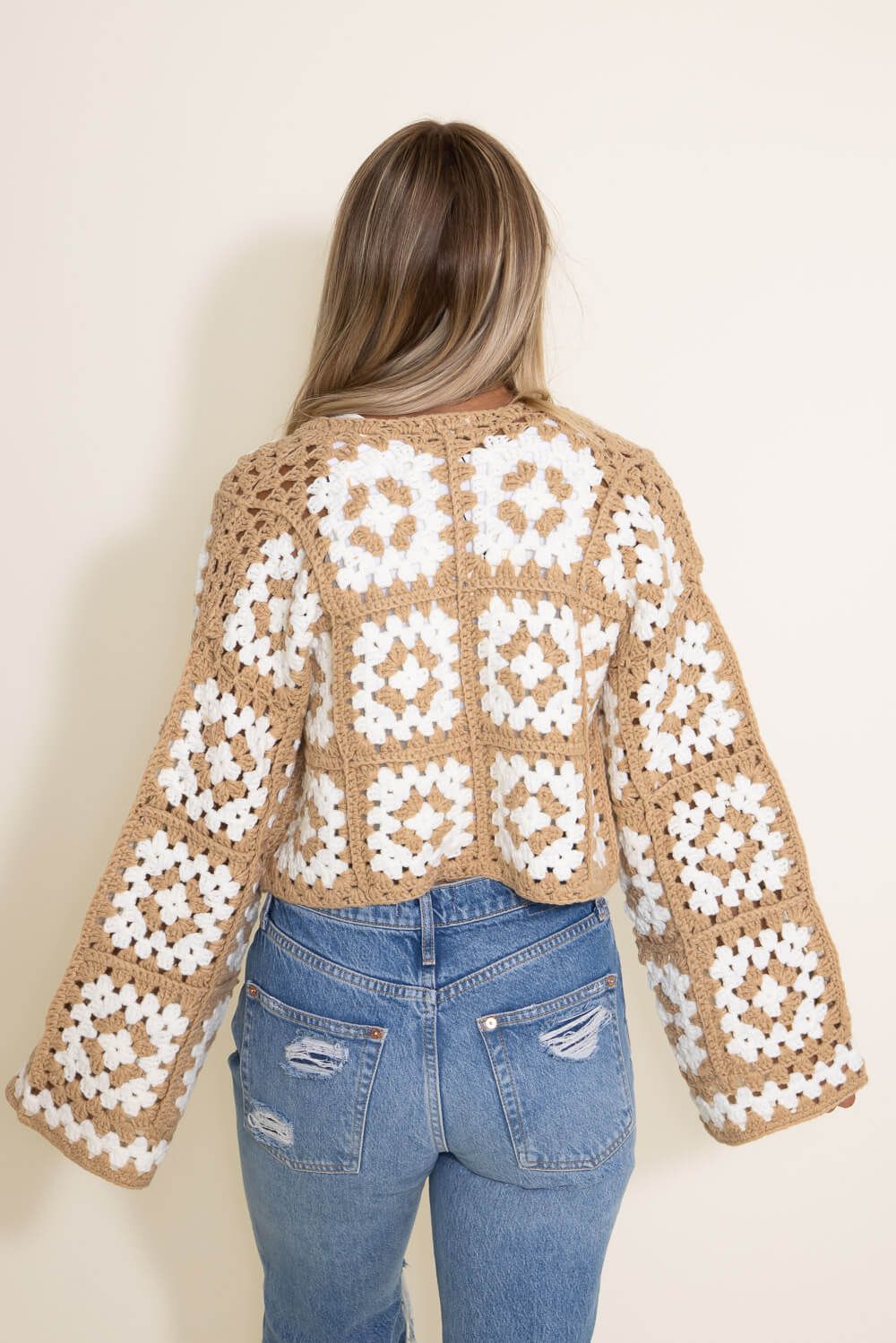 Granny Square Crochet Cropped Cardigan for Women in Beige/White | SWC10981-BEIWHT sold by Glik’s product image thumbnail 3