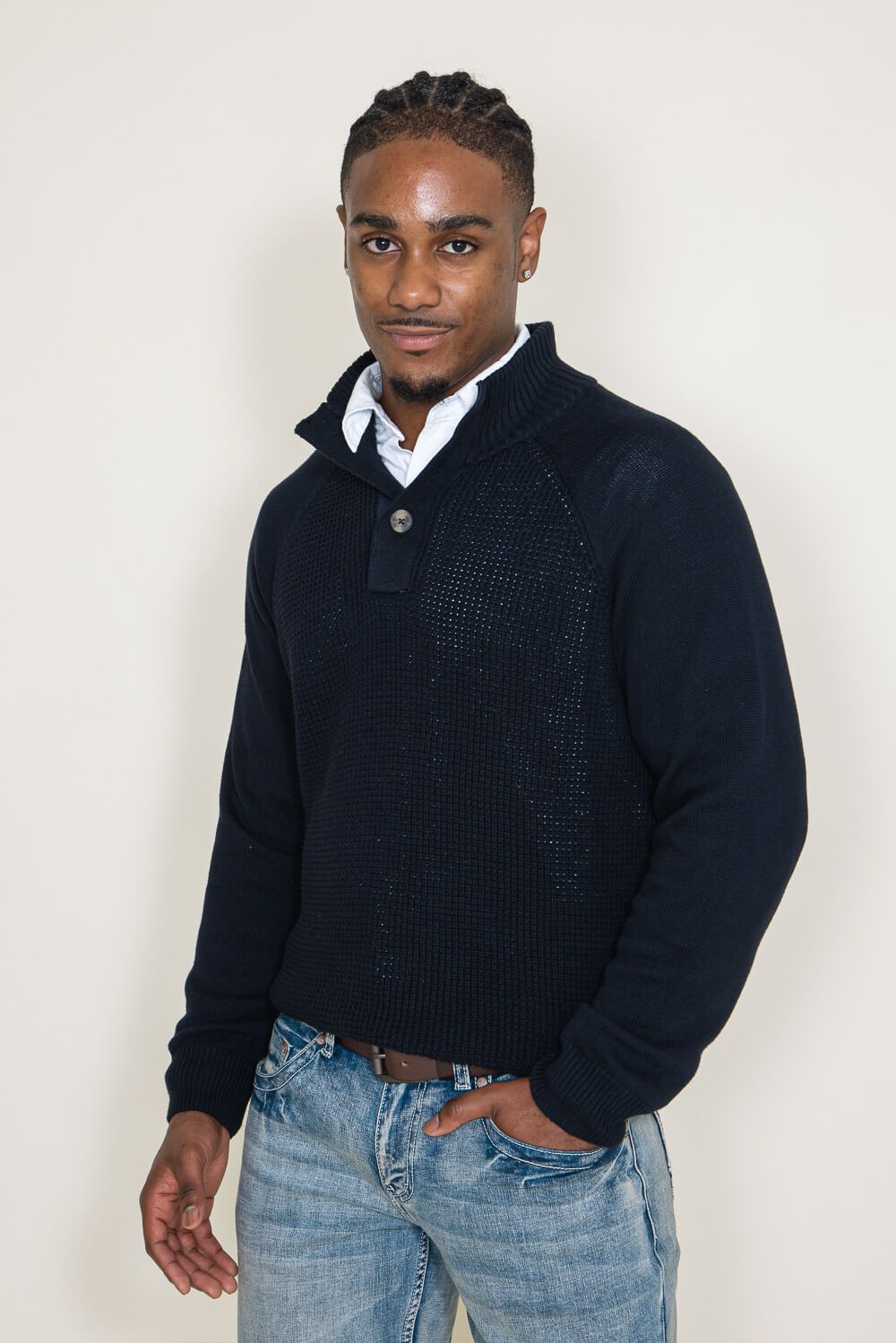 Weatherproof Vintage Textured Button Up Mock Neck Sweater for Men in Navy | F2340279GK-NAVY sold by Glik’s product image thumbnail 2