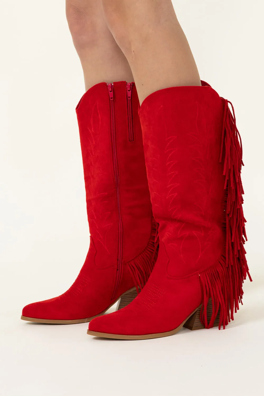 Pierre Dumas Dusty Western Fringe Midi Boots for Women in Red | 89263-433 RED sold by Glik’s