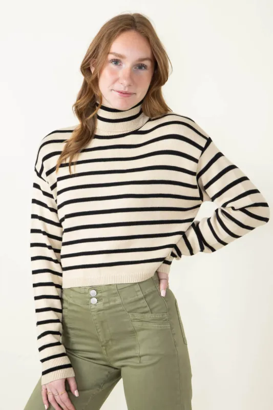Stripe Turtleneck Sweater for Women in Beige/Black | MT1583-BEIGEBLACK sold by Glik’s