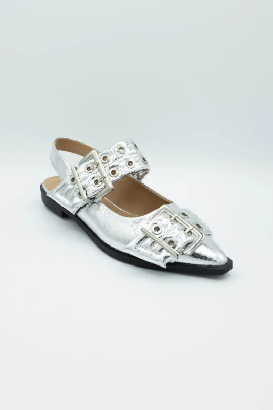 Soda Grillo Buckle Sling Flats for Women in Silver  | GRILLO-S SILVER sold by Glik’s