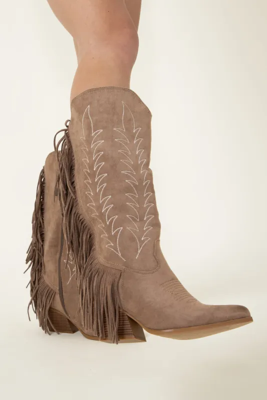 Pierre Dumas Dusty Western Fringe Midi Boots for Women in Taupe | 89263-434 TAUPE sold by Glik’s