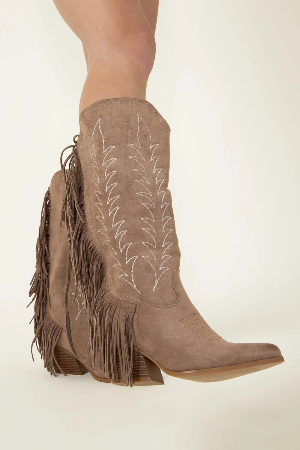 Pierre Dumas Dusty Western Fringe Midi Boots for Women in Taupe | 89263-434 TAUPE sold by Glik’s