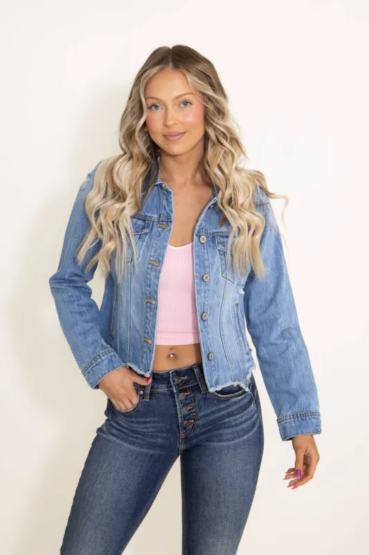 KanCan Destructed Hem Denim Jacket for Women | KC7293M sold by Glik’s