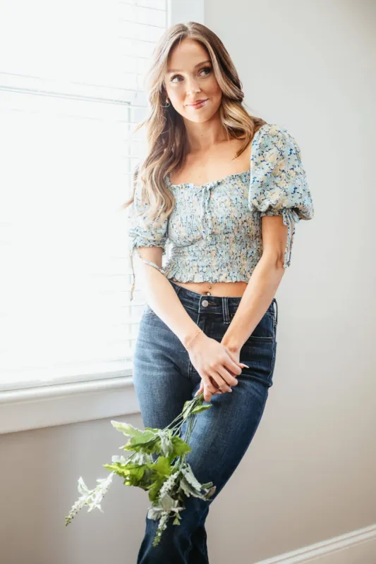 Elan Floral Smocked Crop Top for Women in Blue | *RGF10820-AQU sold by Glik’s