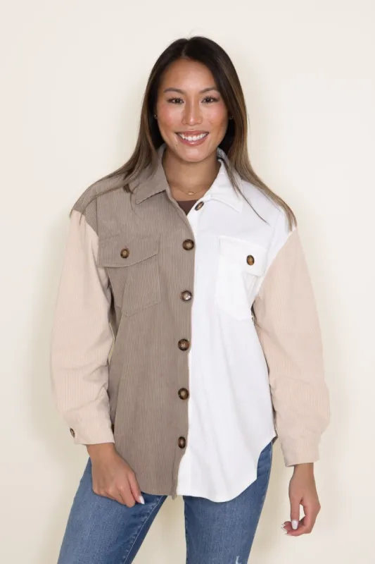 Simply Southern Color Block Shacket for Women in Brown/White | PP-0223-CLRBLCK-SHCKT-CAMEL sold by Glik’s