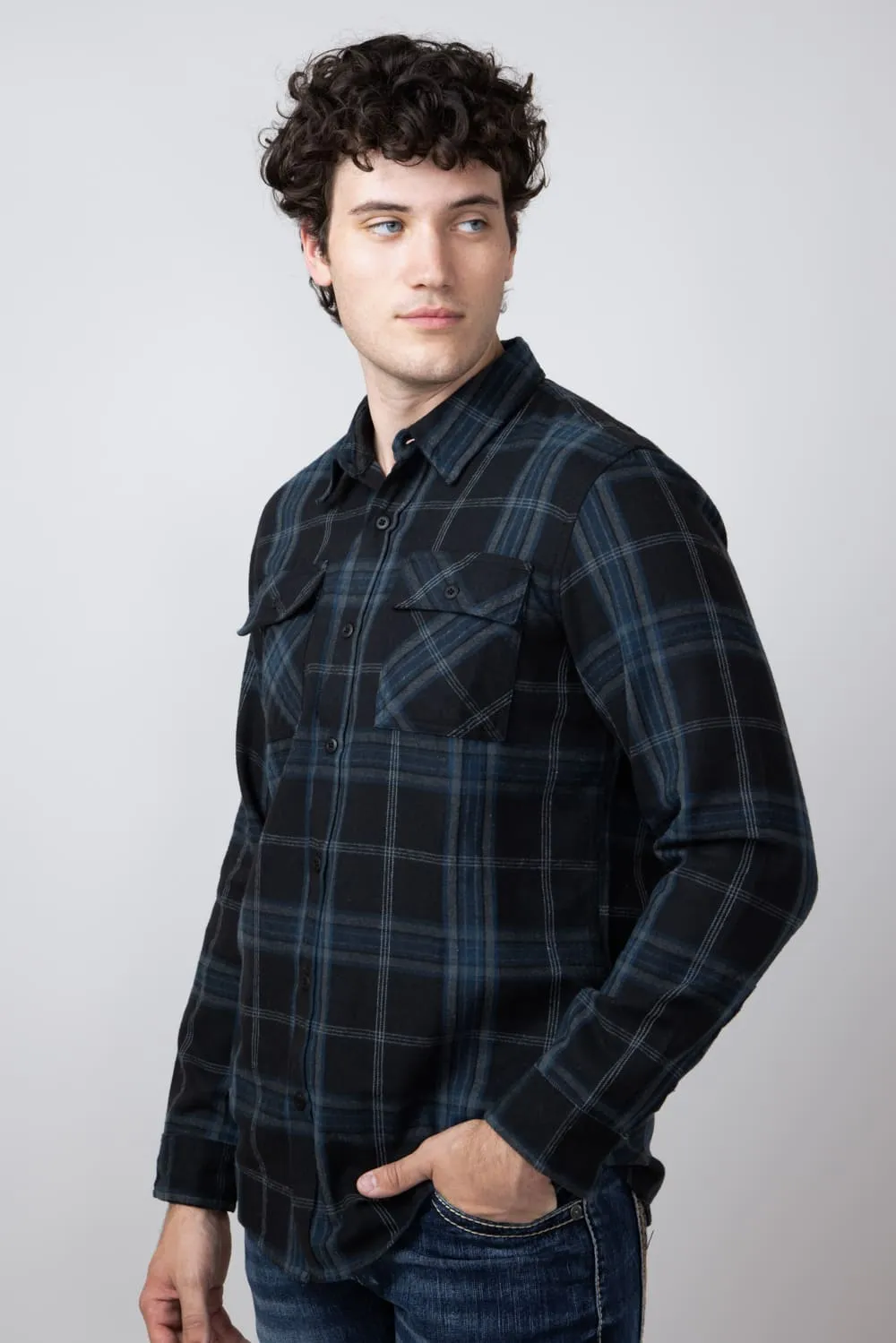 Plaid Flannel Shirt for Men in Black Blue | TQ8281GL-BLACKBLUE sold by Glik’s product image thumbnail 3
