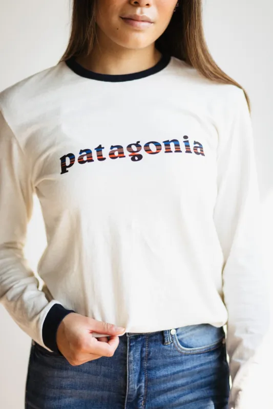 Patagonia Women’s Long Sleeve 73 Logo Responsibili-Tee in Birch White | 37787-BCW sold by Glik’s