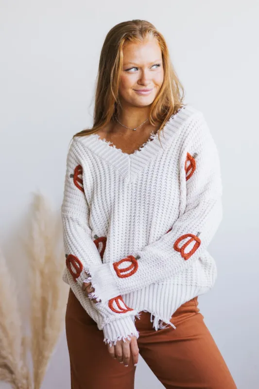 Pumpkin Patch V-Neck Frayed Sweater for Women in Ivory | CL20616-IVORY sold by Glik’s