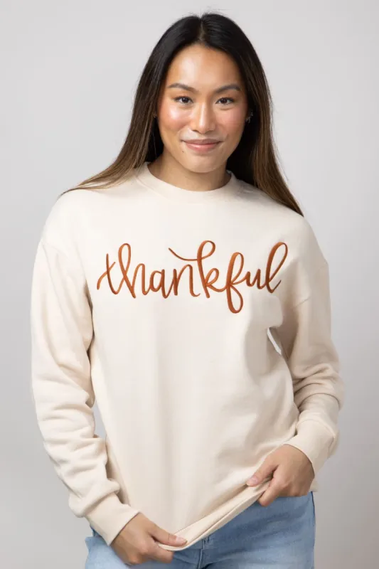 1897 Active Thankful Graphic Fleece Sweatshirt for Women in Cream | GT052-THANKFUL-CREAM sold by Glik’s