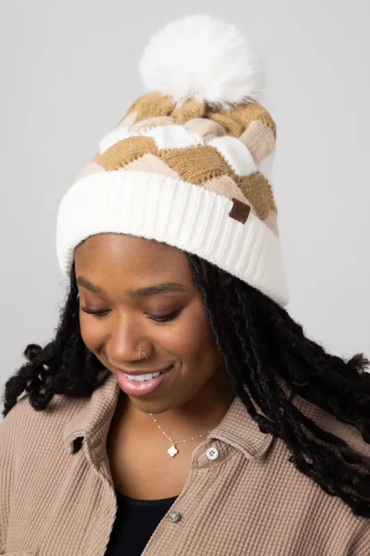 C.C. Chunky Weaved Pom-Pom Beanie for Women in Beige | HTC0100BGE sold by Glik’s