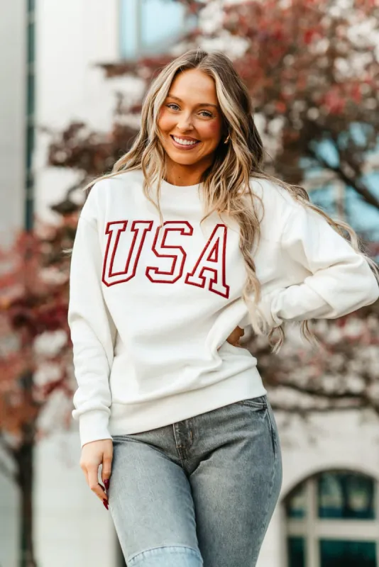 1897 Active Embroidered USA Fleece Sweatshirt for Women in Ivory | GT810-USA-IVORY sold by Glik’s