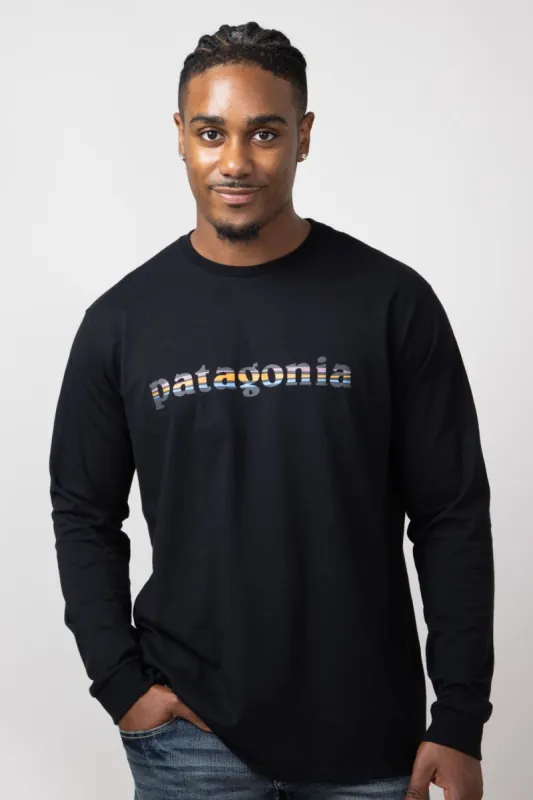 Patagonia Men’s Long Sleeve ’73 Logo Responsibili-Tee T-Shirt in Black | 37780-BLK made by Patagonia