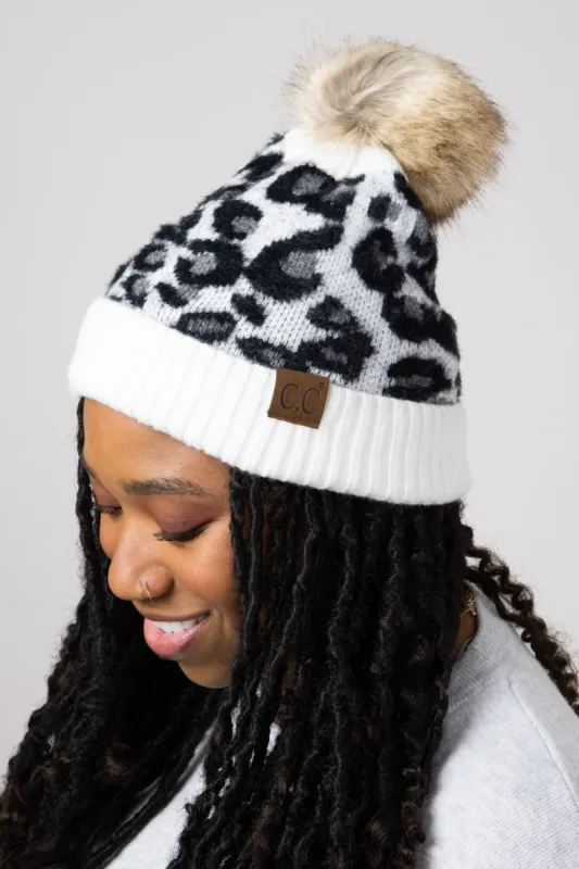 C.C. Leopard Pom-Pom Beanie for Women in Ivory | HAT-2061-IVORY sold by Glik’s