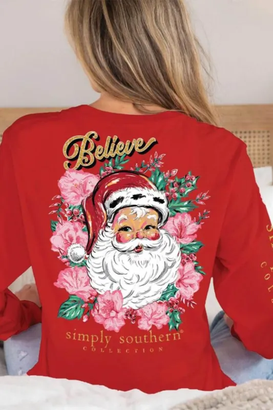 Simply Southern Long Sleeve Floral Santa T-Shirt for Women in Red | LS-FLORALSANTA-RED sold by Glik’s