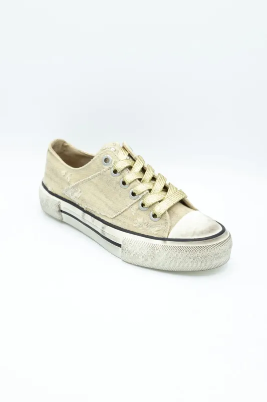 Blowfish Malibu Kenzie Sneakers for Women in Tan Destroyed Denim | J2096F1 sold by Glik’s