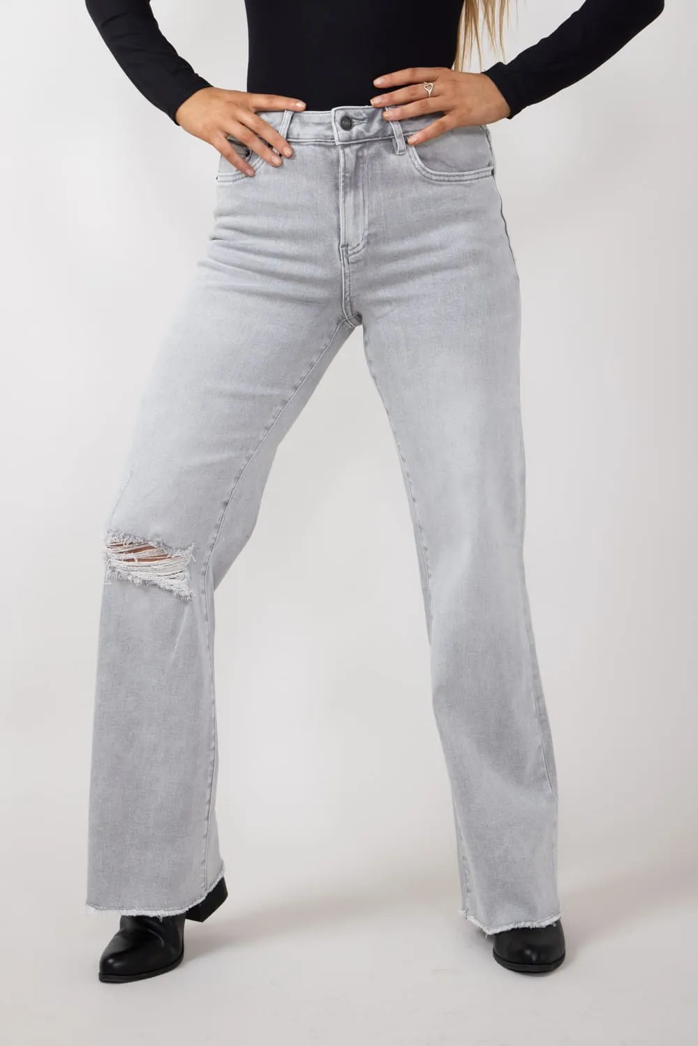 Mica High Rise Wide Leg Raw Hem Jeans for Women in Grey | MDP-W3313 sold by Glik’s product image thumbnail 3