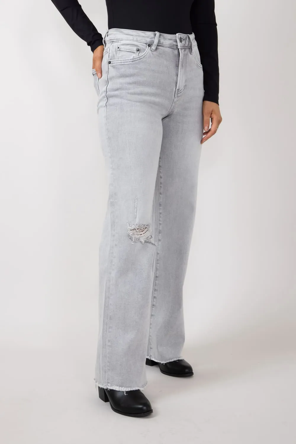 Mica High Rise Wide Leg Raw Hem Jeans for Women in Grey | MDP-W3313 sold by Glik’s product image thumbnail 4