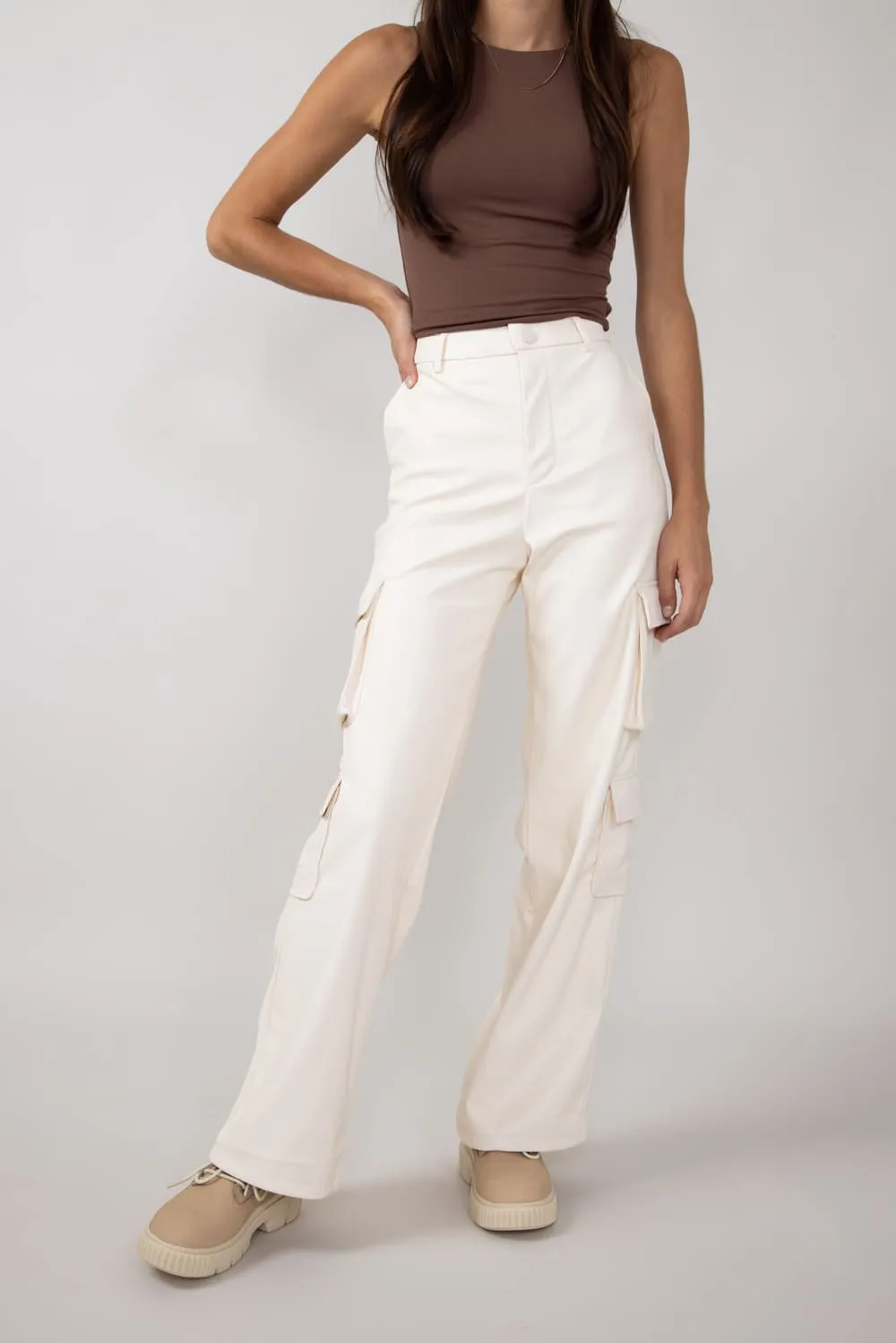Love Tree Pleather Cargo Pants for Women in Ivory | 6939PN-IVORY sold by Glik’s