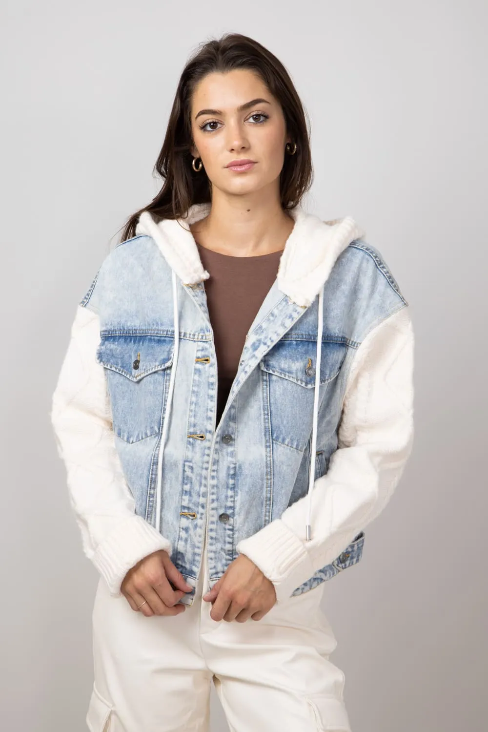 Elan Mixed Media Denim Jacket for Women in Denim/White | JK8225-DNMWHT sold by Glik’s