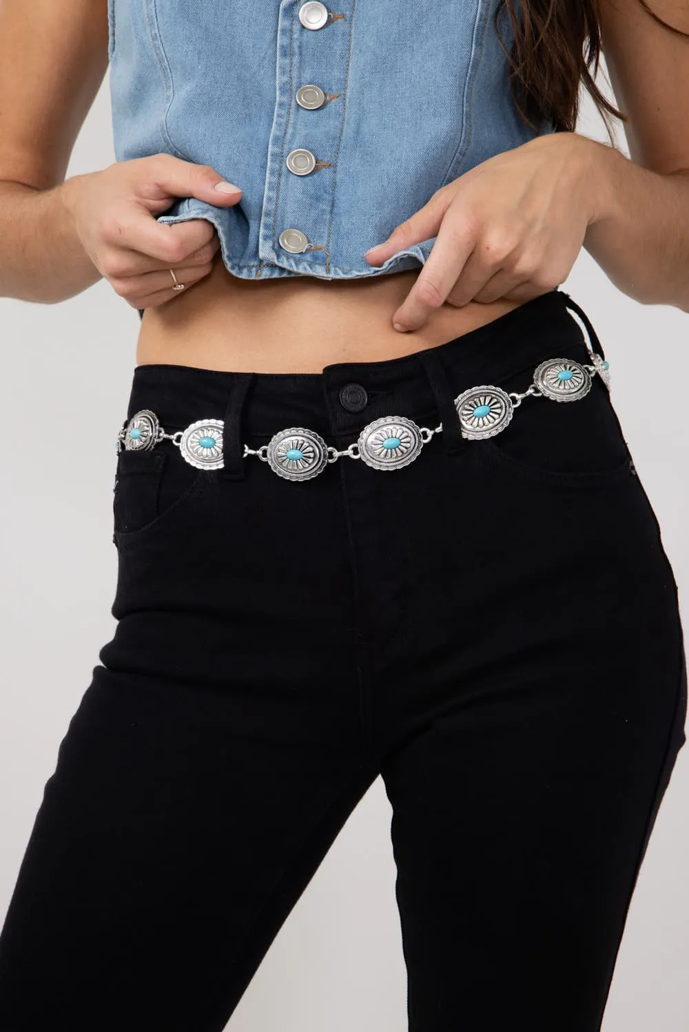 Oval Turquoise Concho Chain Belt for Women in Silver | MML8656S sold by Glik’s