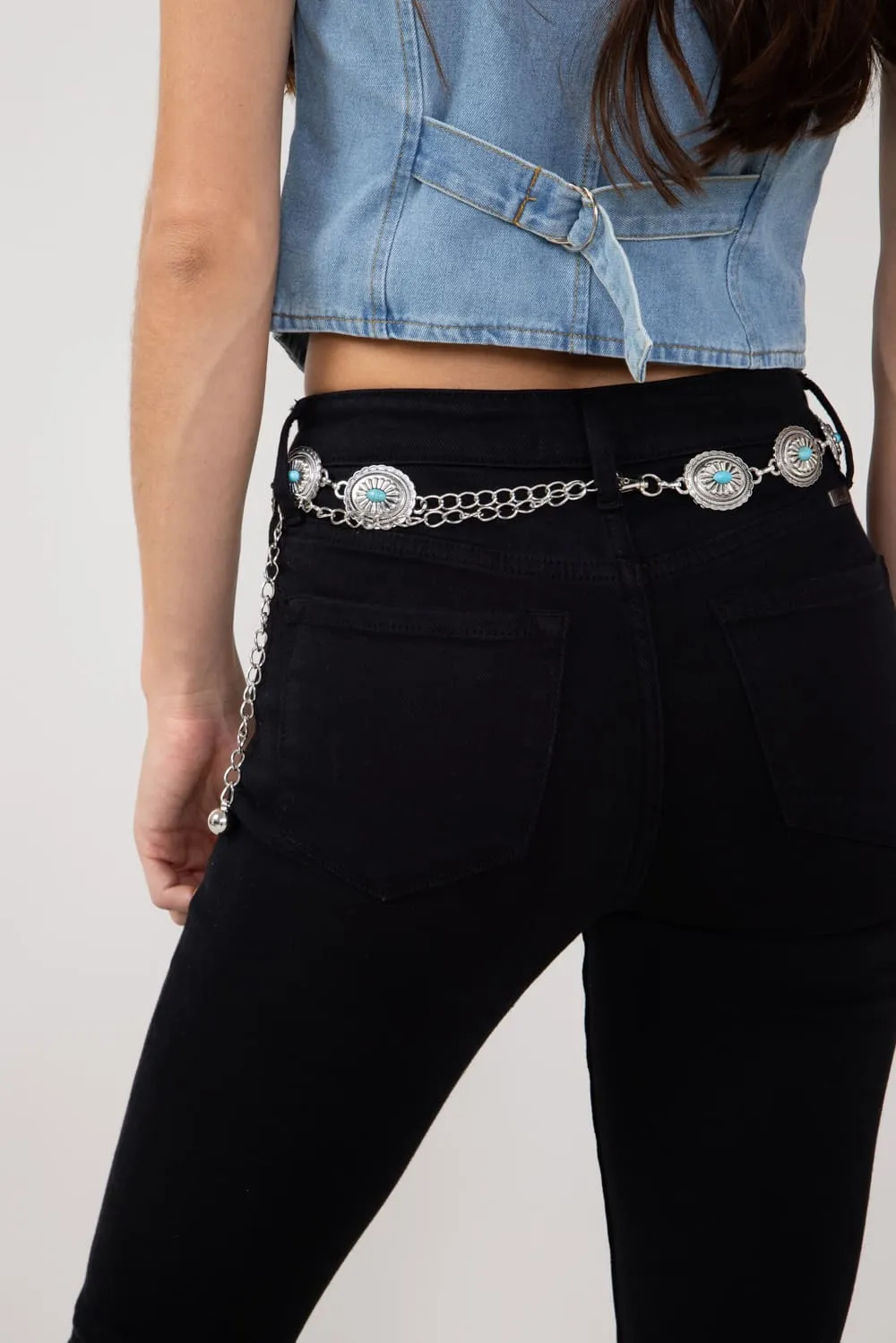 Oval Turquoise Concho Chain Belt for Women in Silver | MML8656S sold by Glik’s product image thumbnail 3