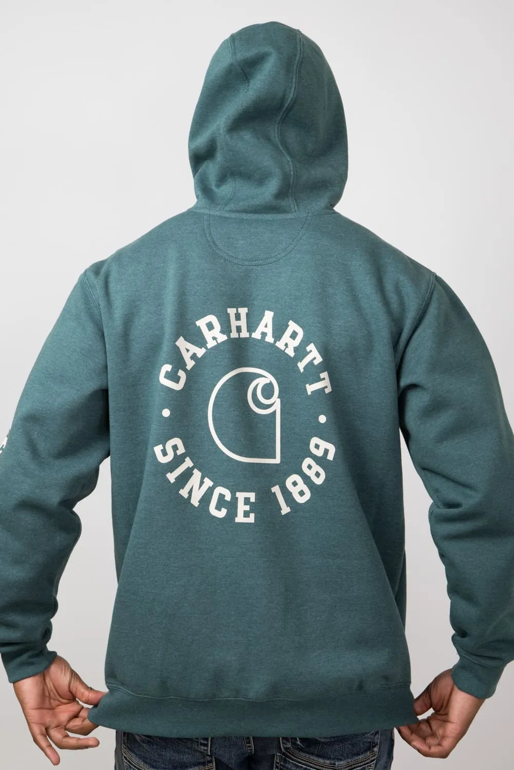 Carhartt Rain Defender Loose Fit Midweight 1889 Graphic Sweatshirt for Men in Frosted Balsam Heath | 106388-GIO-GRN sold by Glik’s