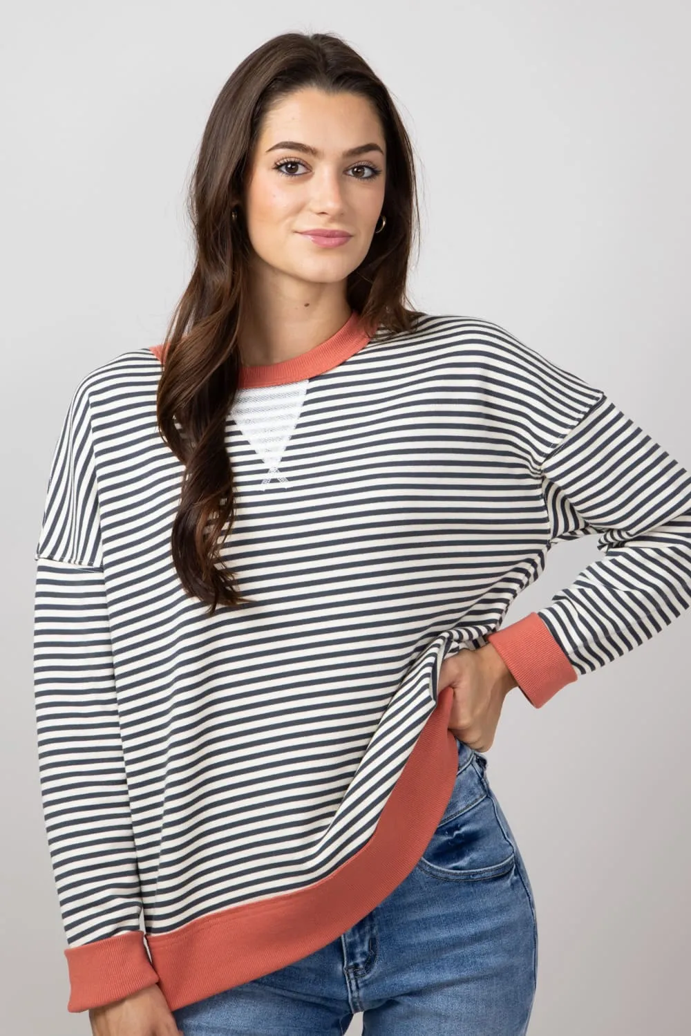 Striped Oversized Sweatshirt for Women in Charcoal | 19812-CHARCOAL sold by Glik’s product image thumbnail 3