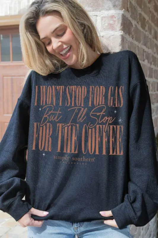 Simply Southern Stop for Coffee Fleece Sweatshirt for Women in Black | CREW-COFFEE-BLACK sold by Glik’s