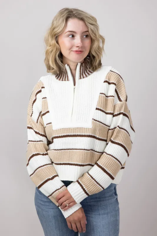 Colorblock Half Zip Striped Sweater for Women in Ecru | KSW1840-ECRU sold by Glik’s