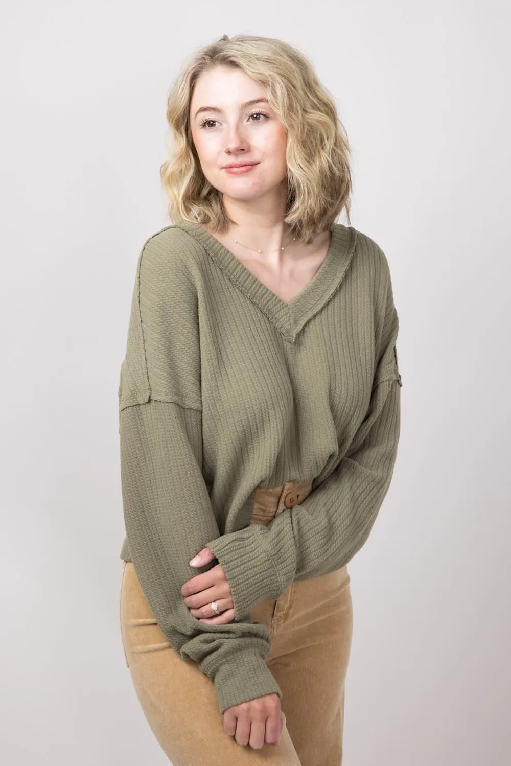 Casual V-Neck Knit Top for Women in Olive | NT11804-OLIVE sold by Glik’s product image thumbnail 3