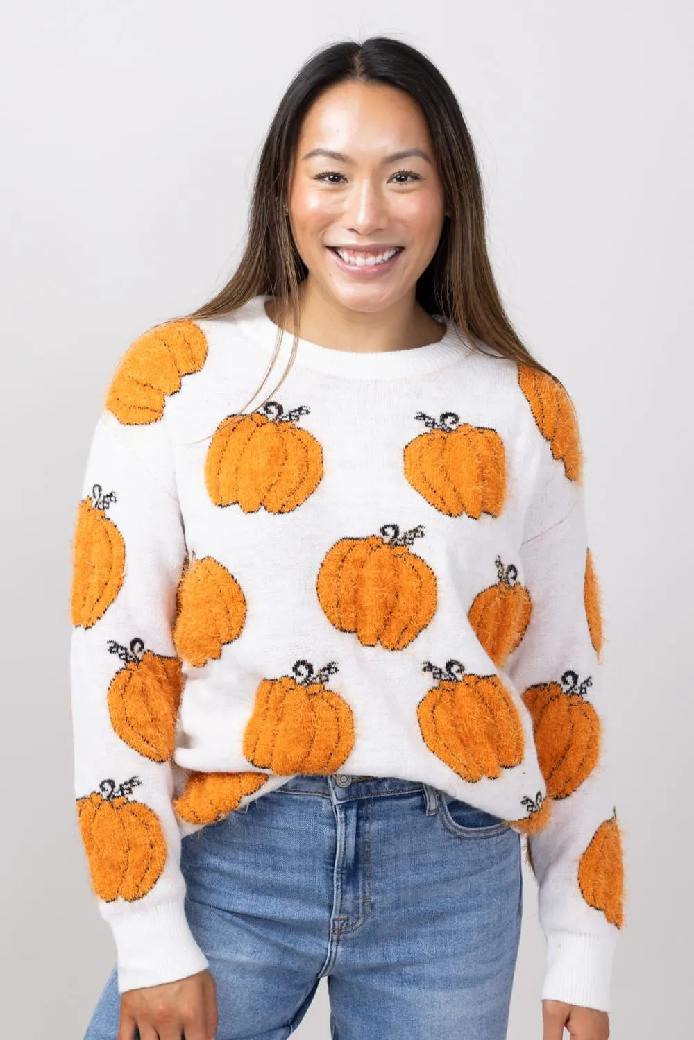 Simply Southern Fuzzy Crewneck Sweater for Women in Cream Pumpkin | PP-0224-SWTR-FZY-PUMPKIN sold by Glik’s