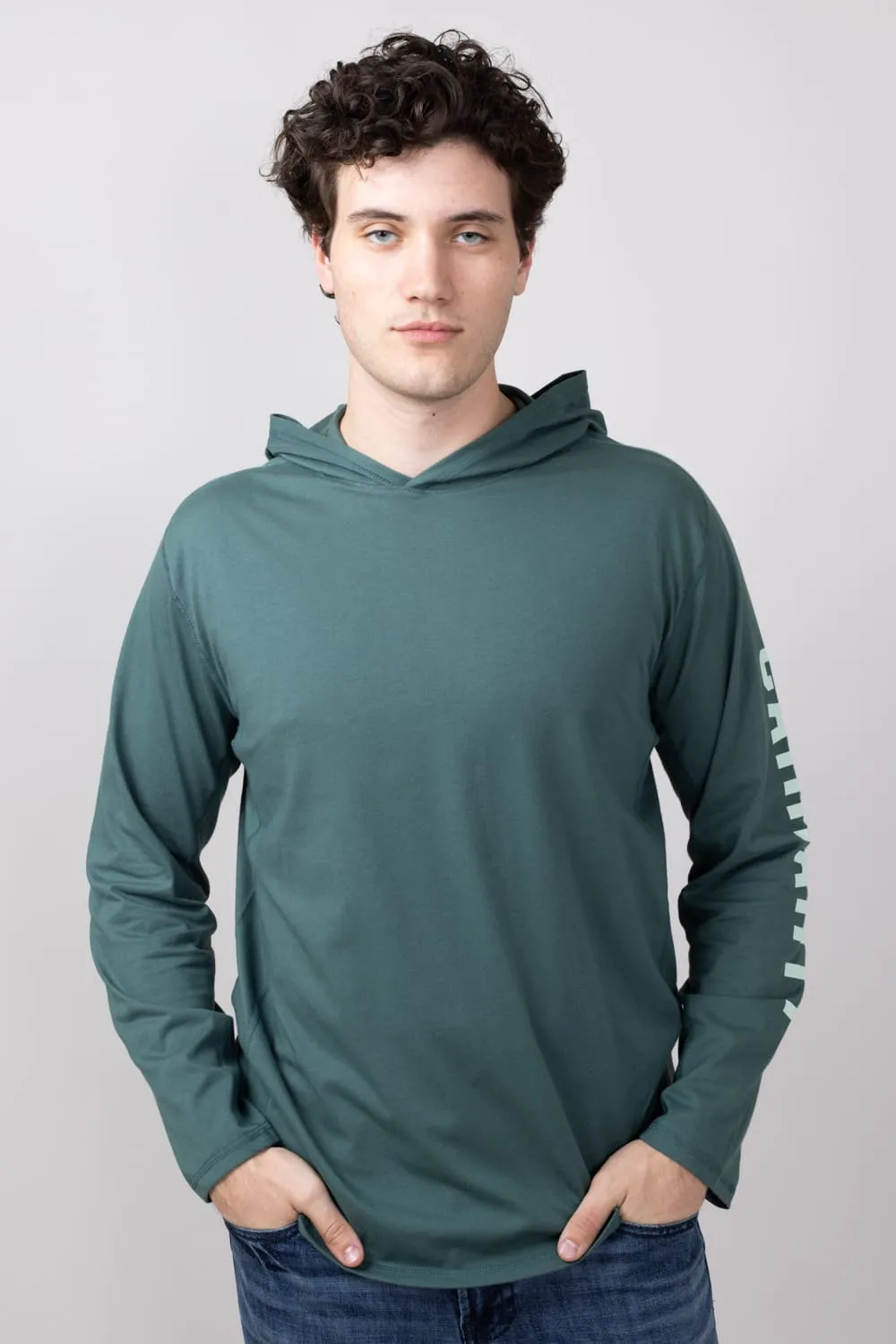 Carhartt Force Relaxed Fit Midweight Long Sleeve Logo Hooded T-Shirt for Men in Frosted Balsam | 106654-GH6-BALSAM sold by Glik’s product image thumbnail 4