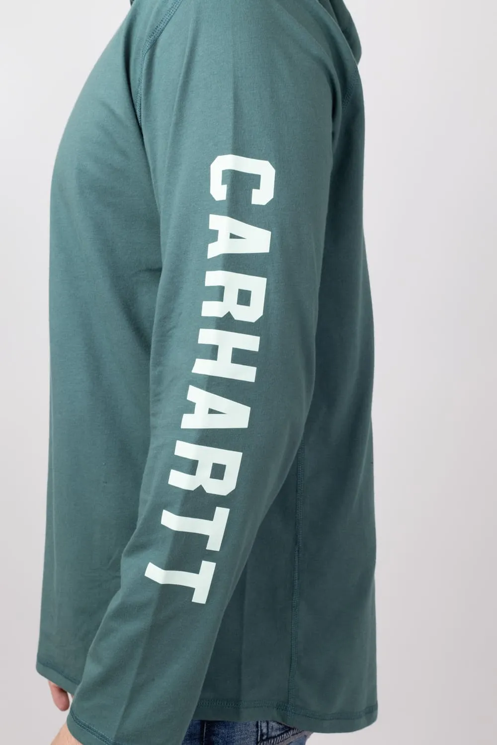 Carhartt Force Relaxed Fit Midweight Long Sleeve Logo Hooded T-Shirt for Men in Frosted Balsam | 106654-GH6-BALSAM sold by Glik’s product image thumbnail 3