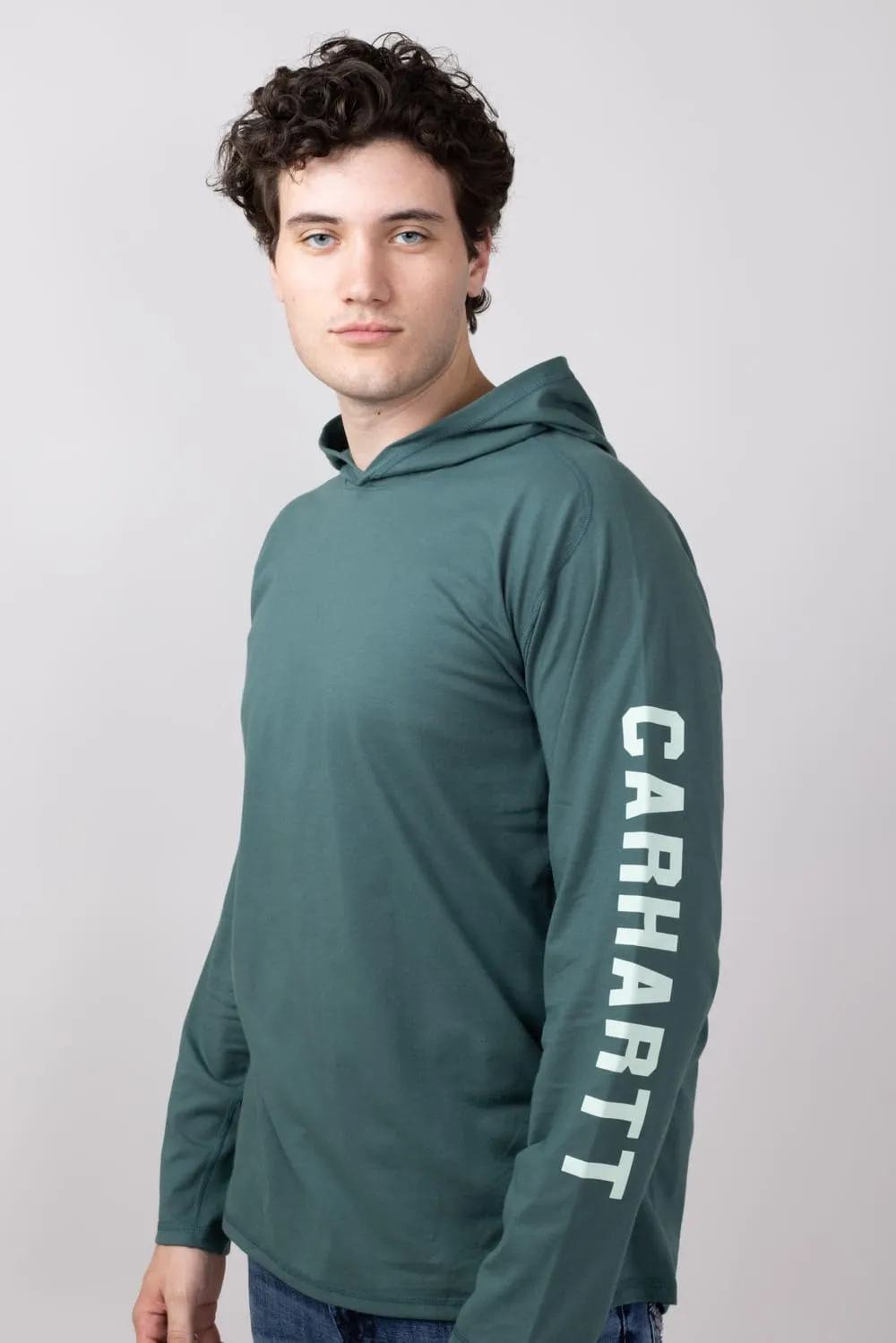 Carhartt Force Relaxed Fit Midweight Long Sleeve Logo Hooded T-Shirt for Men in Frosted Balsam | 106654-GH6-BALSAM sold by Glik’s