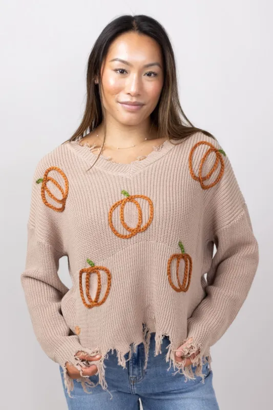 Simply Southern Pumpkin Distressed V-Neck Sweater for Women in Tan Pumpkin | PP-0224-SWTR-KNT-VNCK-PUMPKIN sold by Glik’s