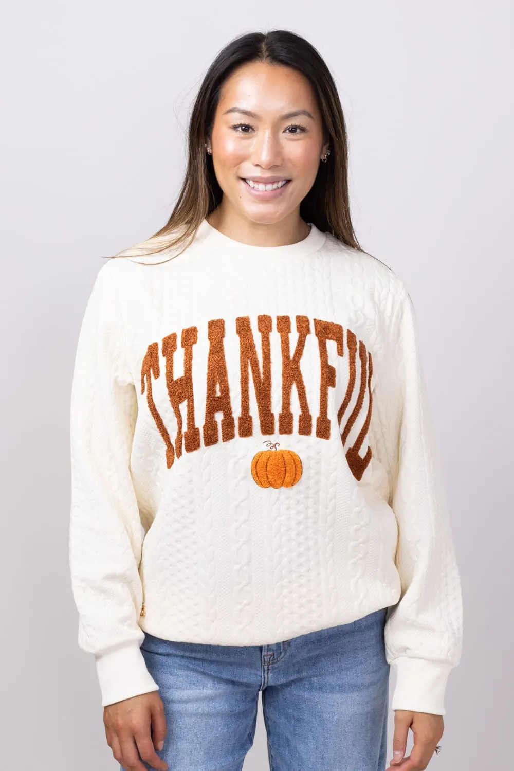 Simply Southern Thankful Braided Sweatshirt for Women in Cream | PP-0224-CREW-BRAID-TNKFL sold by Glik’s