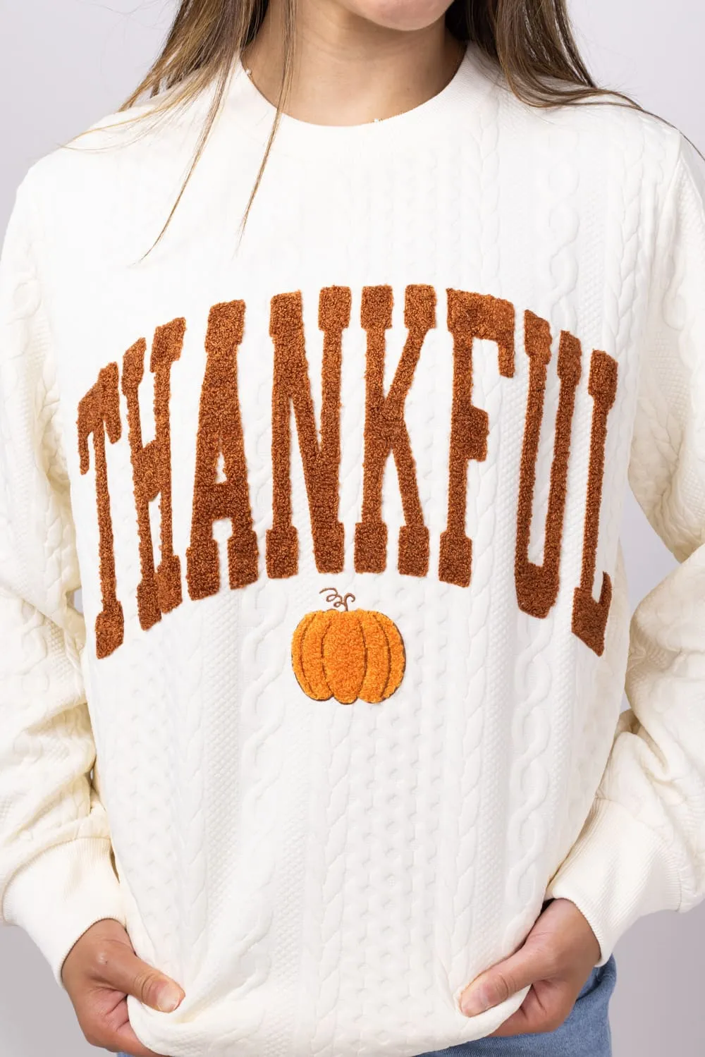 Simply Southern Thankful Braided Sweatshirt for Women in Cream | PP-0224-CREW-BRAID-TNKFL sold by Glik’s product image thumbnail 3