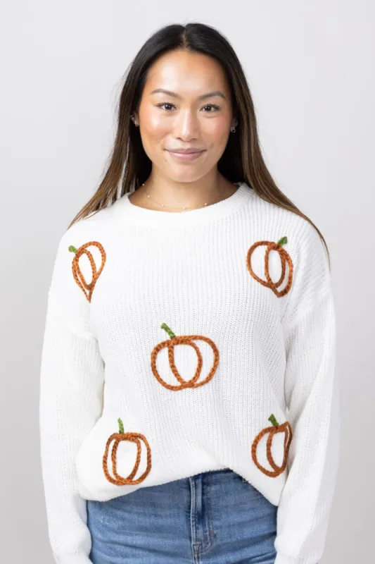 Simply Southern Pumpkins Sweater for Women in Cream | PP-0224-SWTR-KNT-PUMPKIN sold by Glik’s