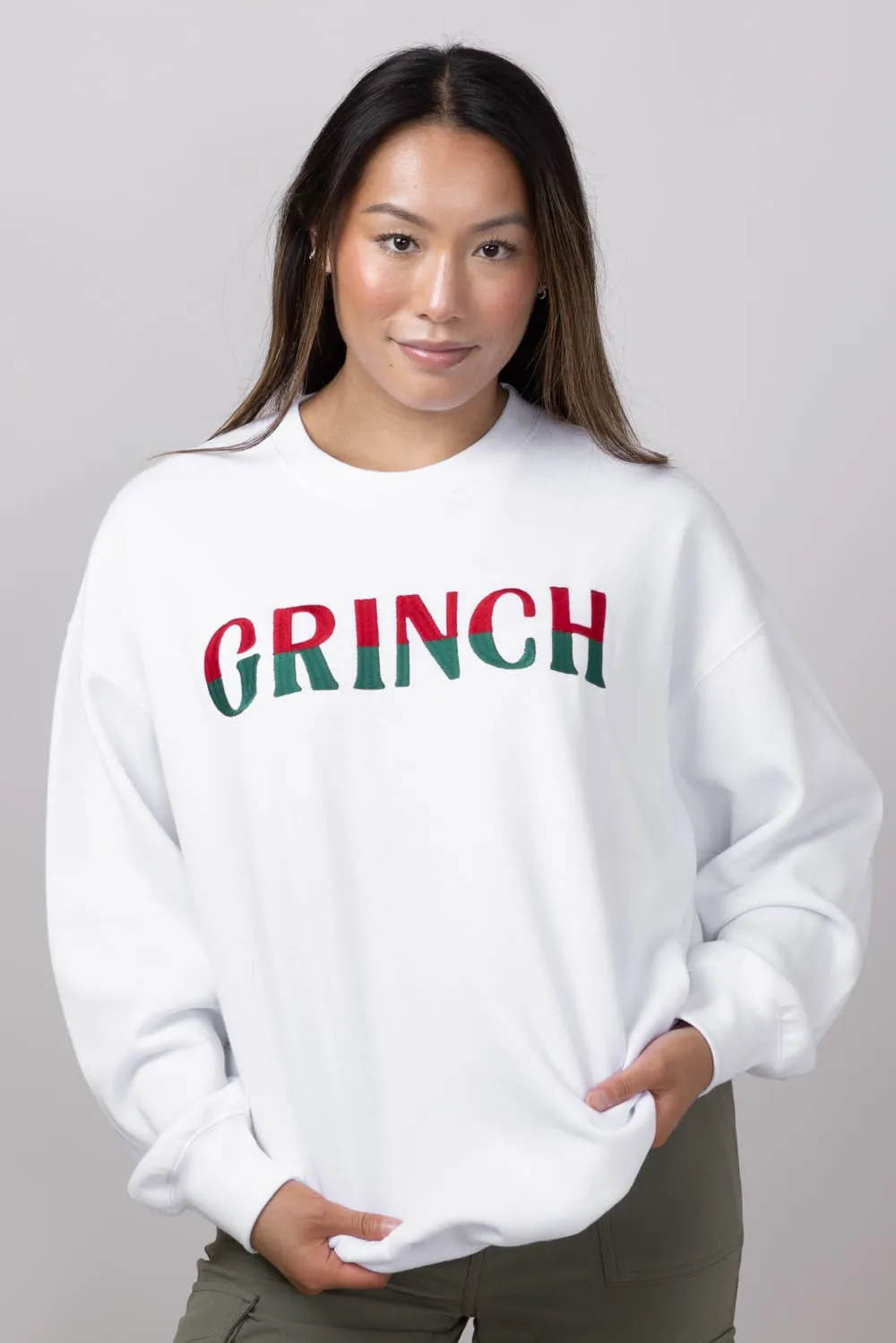 1897 Active Ombre Grinch Embroidered Fleece Sweatshirt for Women in White | GT513-GRINCH-WHITE sold by Glik’s product image thumbnail 4