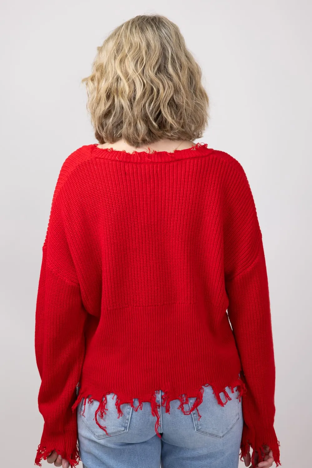 Simply Southern Merry Distressed V-Neck Sweater for Women in Red | PP-0224-SWTR-KNT-VNCK-MERRY sold by Glik’s product image thumbnail 2