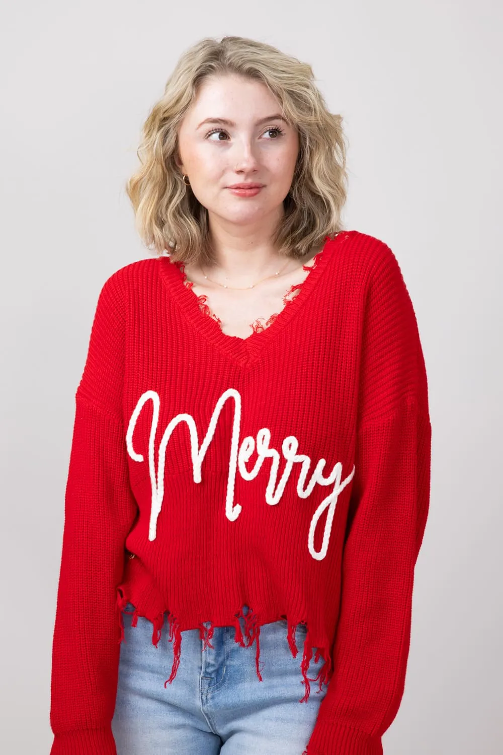 Simply Southern Merry Distressed V-Neck Sweater for Women in Red | PP-0224-SWTR-KNT-VNCK-MERRY sold by Glik’s
