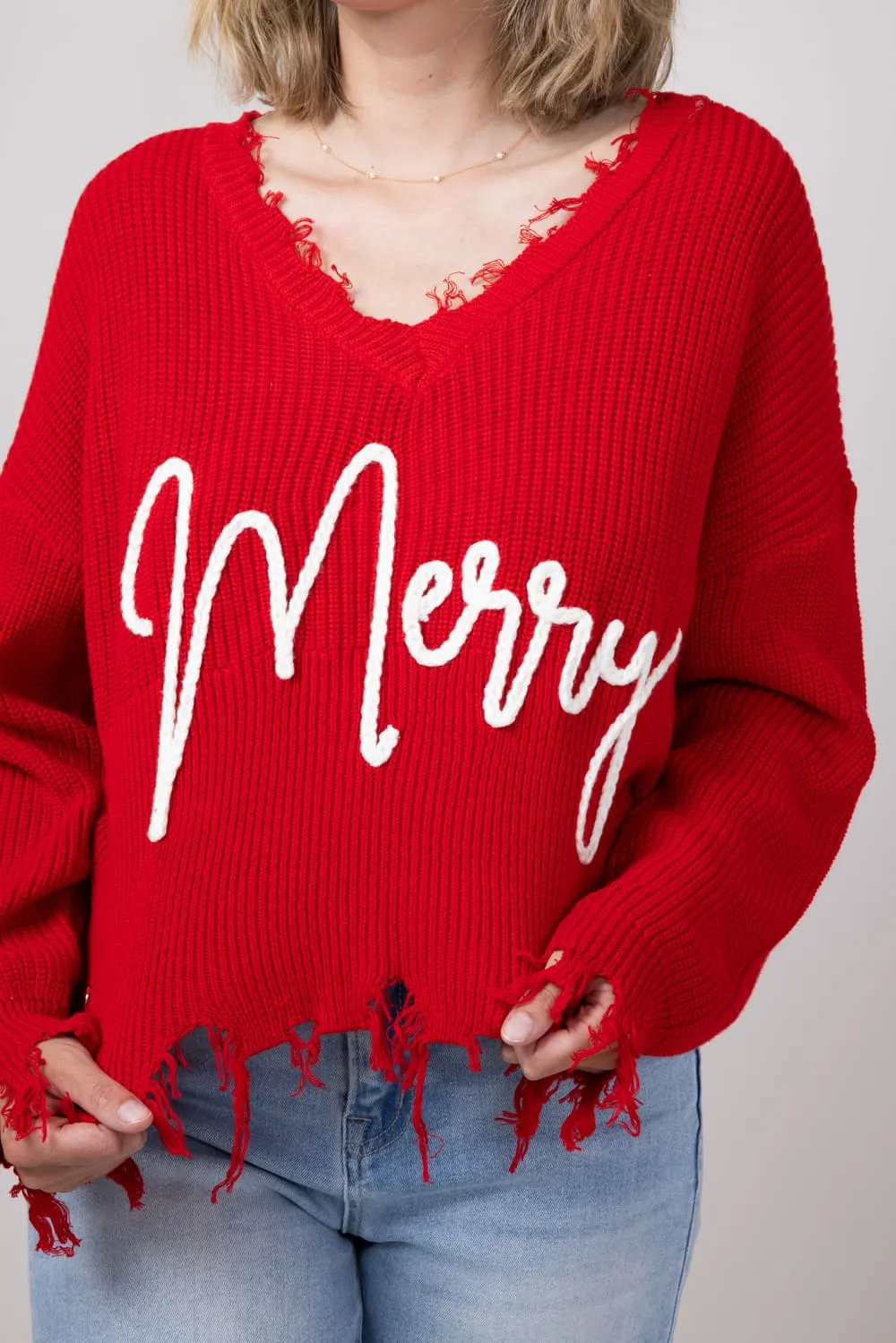 Simply Southern Merry Distressed V-Neck Sweater for Women in Red | PP-0224-SWTR-KNT-VNCK-MERRY sold by Glik’s product image thumbnail 3